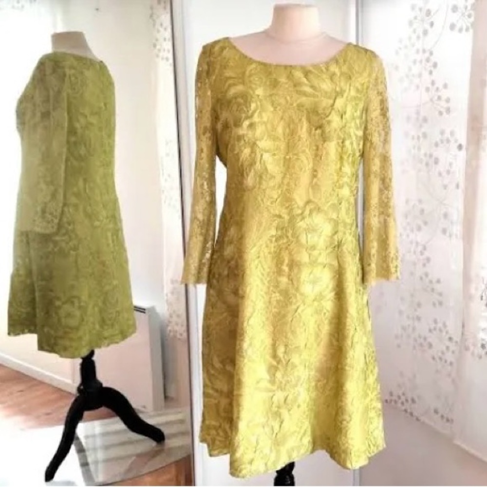 $1800 Christian Lacroix Lace Dress Green Yellow 42 6 8 cocktail vintage wedding